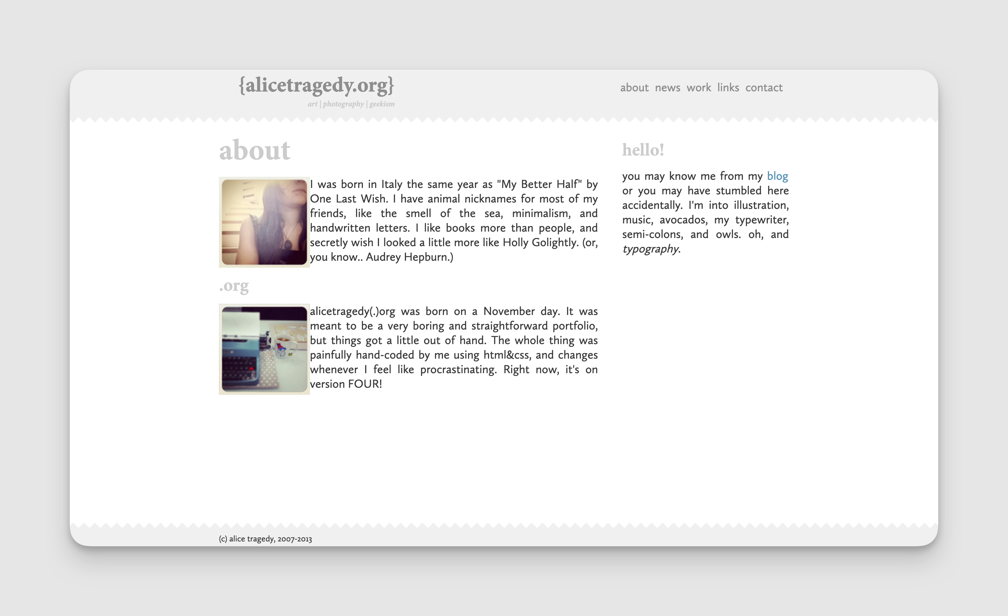 screenshot of the alicetragedy.org about page, back in 2007, with a tiny serif font for the body text and very small images.