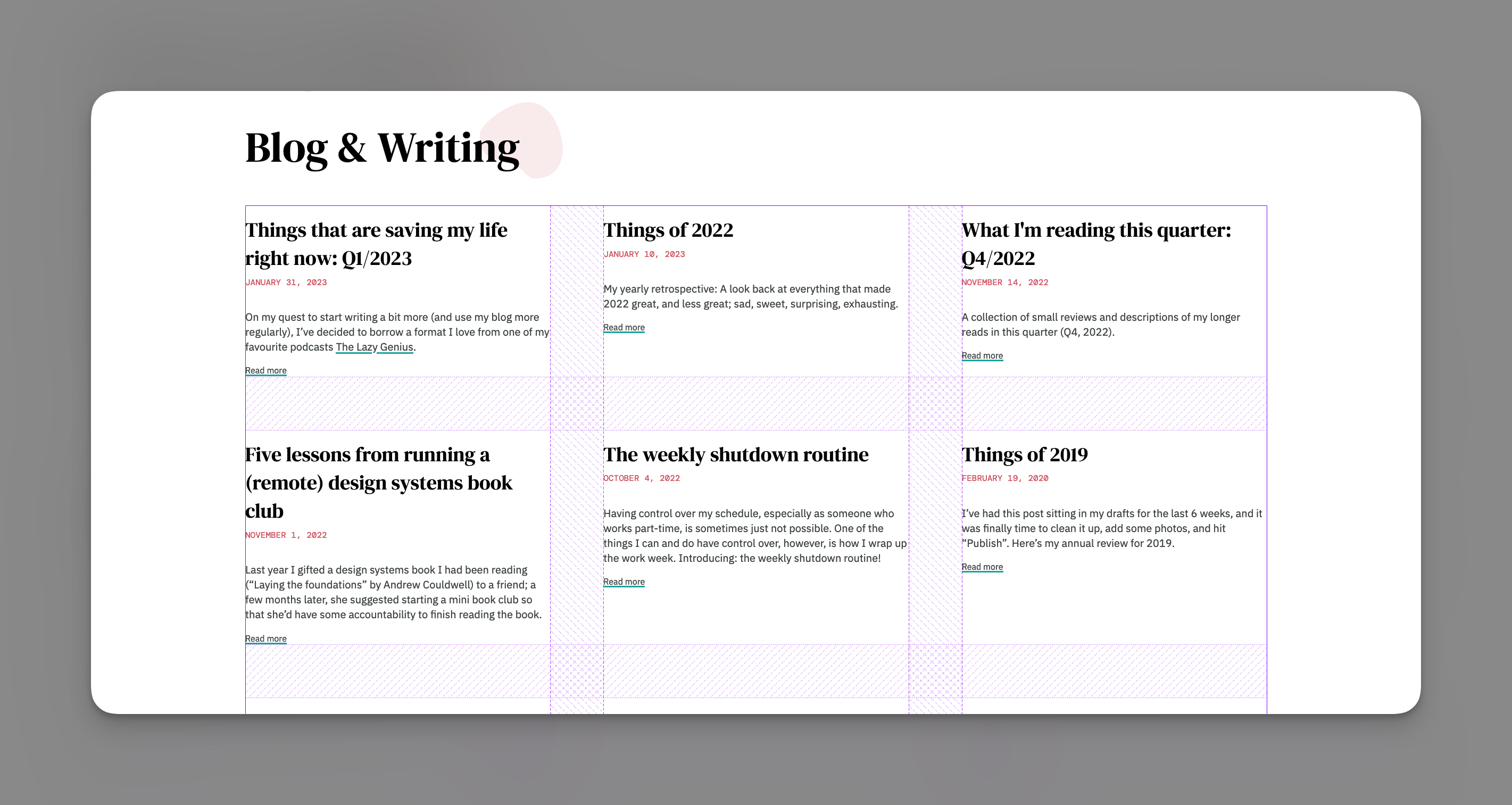 An example of the CSS Grid inspector in the browser on a blog overview page, with article snippets displayed as a 2x3 grid.