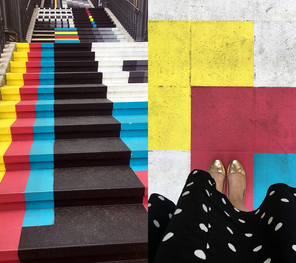 double image. Left: TV-calibration-test-inspired stairs on the streets of Vienna. Right: Took a photo of my gold flats and polka dot skirt from above while standing on aforementioned stairs.