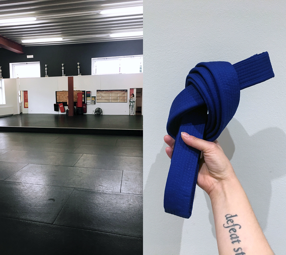 double image. Left: My Taekwondo Dojang, with a tatami floor, some boxing equipment in the back, and trophies. Right: Holding my brand new Taekwondo blue belt.