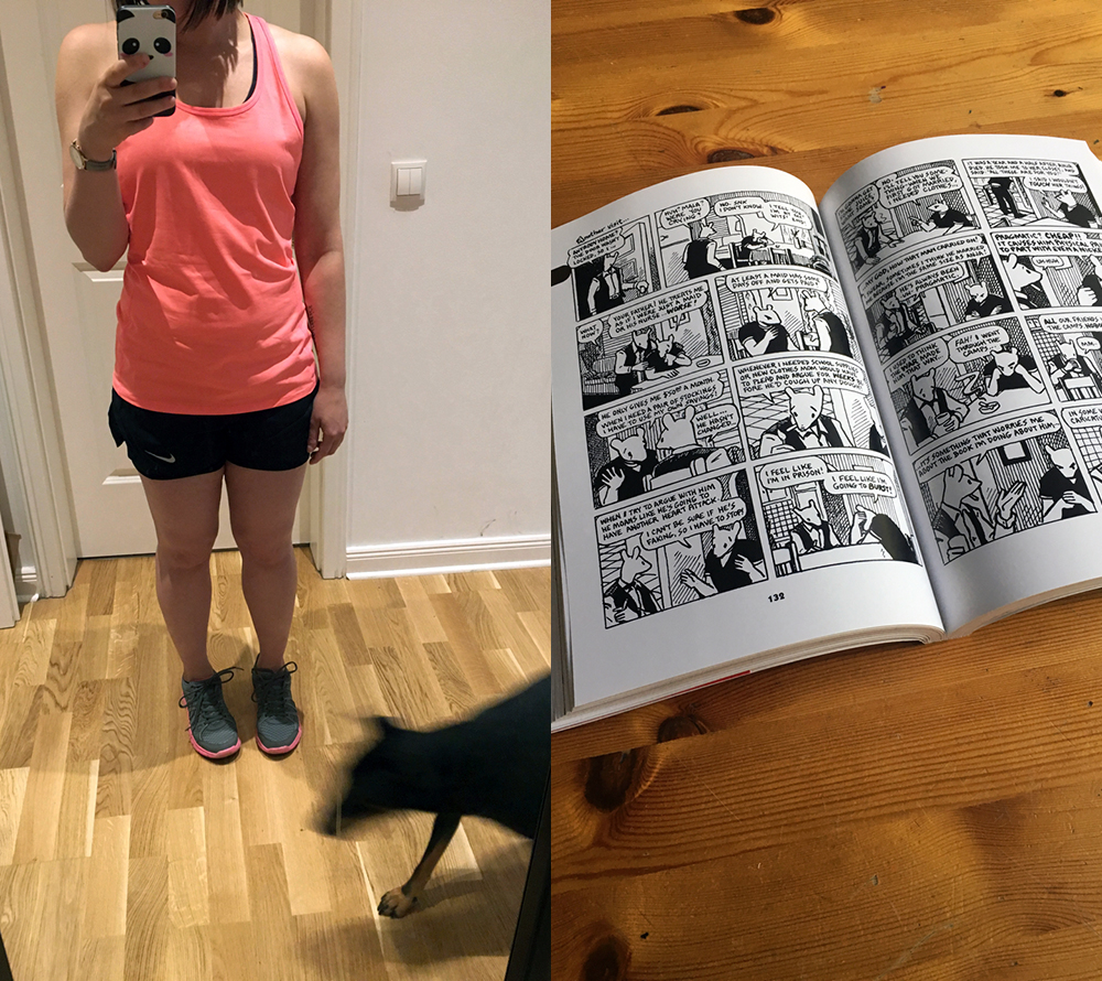 double image. Left: photobombed by a dog while taking a selfie in the mirror in my running gear. Right: An open book showing two pages from the graphic novel “MAUS”.