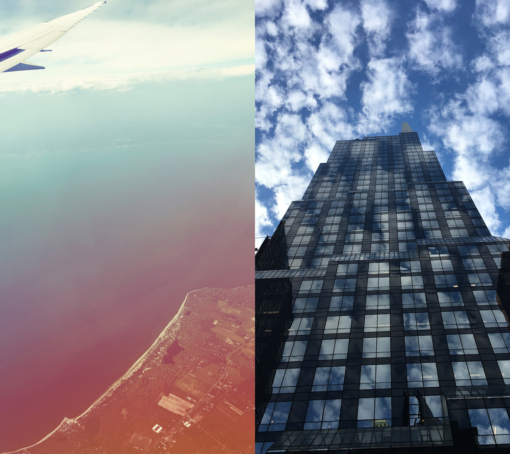 double image. Left: view of the coast from an airplane. Right: A skyscraper, with the blue sky and clouds reflected in its windows.