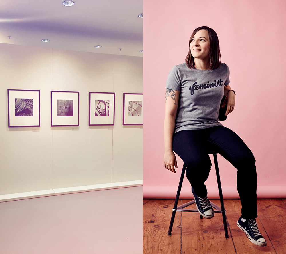 double image. Left: 4 framed Vivian Maier photographs hanging in a gallery. Right: Me wearing my “feminist” T-Shirt, sitting on a stool in front of a pink background, looking out of the window (photo by Zoë Noble).