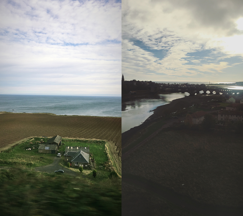 double image. Left: The sea, a field, and a grass patch with houses as seen from a moving train. Right: A river and a bridge, with the sunlight reflected on the surface of the water, taken from a train.