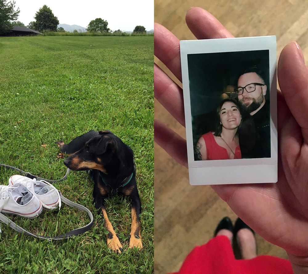 My dog sunbathing in the grass near Attersee in Austria, and me holding a polaroid of my significant other and me at a wedding.